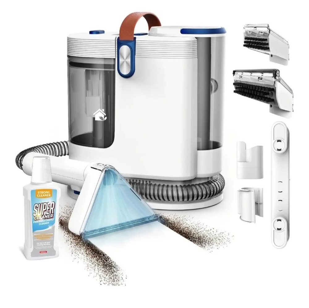 Compact White and Blue Carpet Cleaner